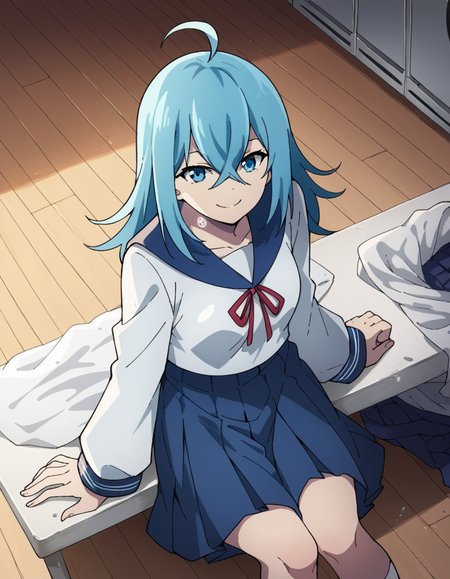 score_9, score_8_up, score_7_up, source_anime, <lora:vivy-s1-ponyxl-lora-nochekaiser:1>, vivy, blue hair, blue eyes, crossed bangs, ahoge, hair between eyes, medium breasts,, skirt, long sleeves, school uniform, pleated skirt, serafuku, blue sailor collar, red ribbon, blue skirt,, messy room, clutter, clothes on floor, disorganization, laundry, smile, sitting, elbow rest, table,, looking at viewer, solo,, dutch angle, cowboy shot