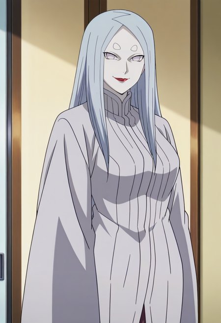 indoors, standing, solo,  looking at viewer, smile,
<lora:Kaguya ot IL:0.9>,kaguyaot,mature female, pale skin, grey eyes,no pupils, white hair, parted bangs, bangs, short eyebrows, long hair, medium breasts, red lips, lipstick, 
japanese clothes, robe,  grey robe,
anime screencap, masterpiece, best quality,