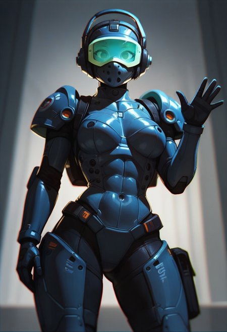 score_9, score_8_up, score_7_up, score_6_up, 1girl, on an airfield, futuristic astronaut, bulky body armor, hkstyle, full power armor, CHONK, large backpack, (open visor:1.4), (visible face:1.4), waving, neon green accessories, professional illustration, extreme detail, angular brush, iridescent, GRTDG