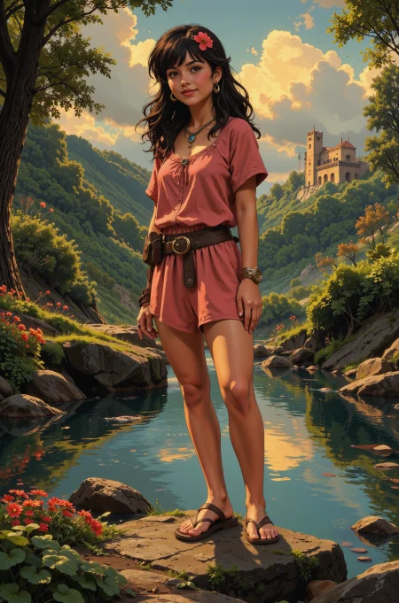 textured hair chocolate hair young woman, druid, anime, illustration, extremely detailed, portrait, standing, happy smile, flower in hair, glossy lipstick, celtic necklace, spiral earrings, loincloth, sandals,  Coral Pink druid short dress, legs, sharp focus, fantasy, celtic landscape, small rock, moss, ripples, reflections, celtic  castle, small river pond, druid forest, druid village, stunning nature environment, enchanted land, clovers, Bright Fire Truck Red flowers, best quality, colorful, wet floor, bright sunny sky, sunset, raytracing, hdr, high contrast, ethereal natural lights, backlight, lens flare, shadows, vibrant colors, colorful, pretty, beautiful, happy, smiling, feminine, sexy, lovely, in love, adorable, fashion,  <lora:Hand v2:1> <lora:Anti-Blur:1><lora:Insane Detail Slider:0.5>  <lora:flux.1_lora_flyway_Epic-detail_v2:0.3><lora:fluxenhancer:0.5> <lora:RetroAnimeFluxV1:0.4> <lora:Luminous_Shadowscape:0.4> <lora:SujatmikoArafuru_Flux:0.2> Suzume style