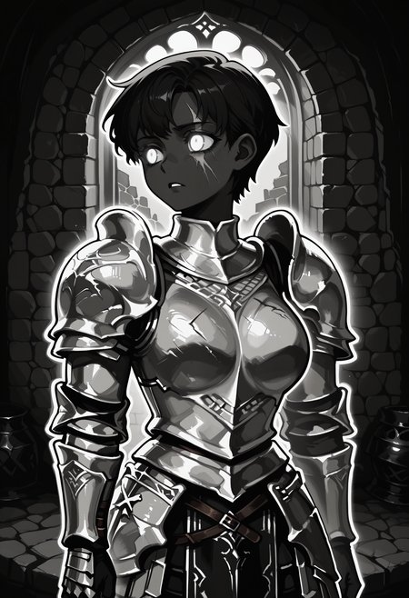 1girl, solo, DARCEIL,1girl,short hair,large breasts, armor,grey eyes,scar,shoulder armor,gauntlets,scar on face,pauldrons,breastplate,faulds,plate armor,boobplate,
dungeon, turning head, stone wall,
BHDR, white eyes, glowing eyes, outline, monochrome, greyscale, black skin, best quality, very aesthetic, masterpiece,