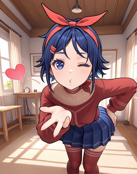 masterpiece,best quality,amazing quality,very aesthetic,absurdres,newest, huge filesize,
<lora:spo_sdxl_10ep_4k-data_lora_webui:0.5>, 
<lora:add-detail-xl:1>3d, anime coloring, 
<lora:FrierenBlowingKissMeme_illusXLNoobAI_Incrs_v1:1>,looking at viewer, one eye closed, heart, 
blowing kiss, heart, puckered lips, o3o,bent over, hand on own hip, 
ShortHairMita, 1girl, short hair, hair ribbon, red shirt, blue pleated skirt, red thighhighs, 
 <lora:Mita-MiSide-4-4-Illustrious-Test11:0.9>