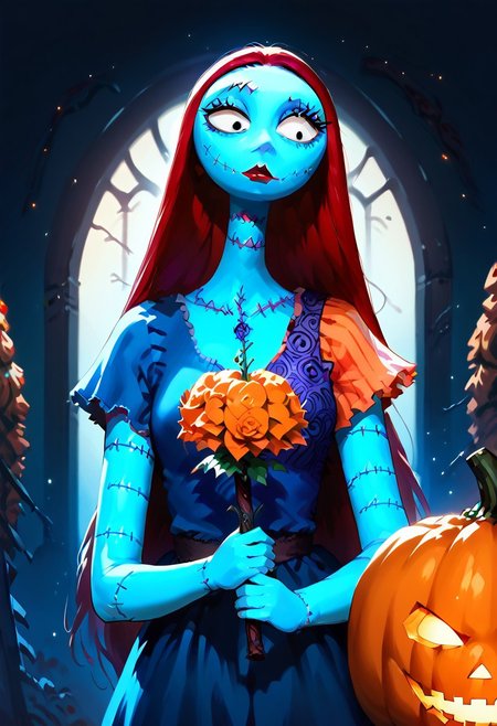 score_9, score_8_up, score_7_up, score_6_up, score_5_up,  
sally, 1girl, stitches, solo, black eyes, blue skin, long hair, red hair, dress, holding flower,  ADDCOL,Sa_lly,Stitches,
BREAK
Pumpkin spell,pumpkin field,gothicstylenext,Style-Grabby,Expressiveh