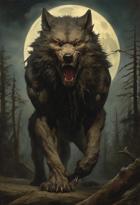 (werewolf:0.7) in the shape of a wolf, evil,  with sharp teeth, long tongue, (clawed hands), corrupted skin, fur covered,, horror, epic fantasy, (Oil painting) (by Jean-Francois Millet), (by Gustave Courbet) , (by Jules Breton), close up, dark fantasy forest in background with full moon, low angle <lora:add-detail-xl:2>