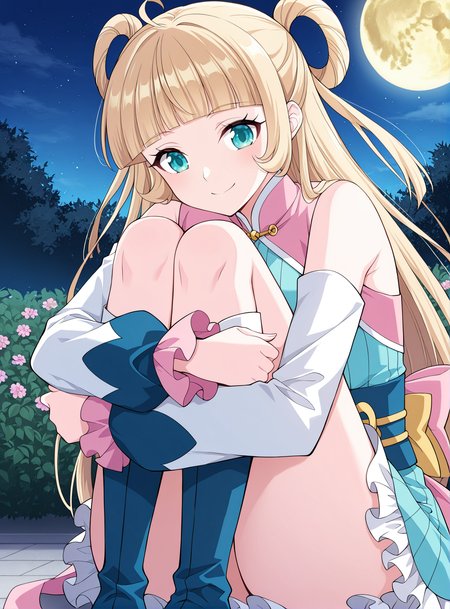 <lora:Mu_Qing_Luan__Battle_Through_the_Heavens__Illustrious:1>
1girl, solo, blonde hair, twin buns, long hair, ahoge, blunt bangs, teal eyes, anime style, 
blue and pink outfit, oriental dress, short dress, frilled skirt, pink sash, golden bow, detached sleeves, long sleeves, blue boots, big cuffs, ribbon details, open shoulders, 
score_9, score_8_up, score_7_up, very aesthetic, source_anime, detailed, high quality, beautiful, detailed eyes, masterpiece, best quality, absurdres, perfect anatomy, 1girl, solo, hugging your own legs, sitting, garden background, charming smile, night, night, golden moon
