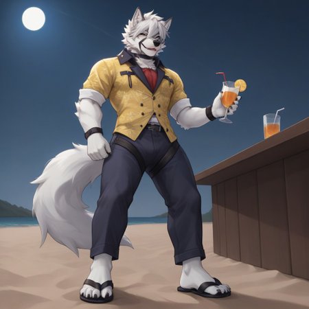 (((Barefoot furry character, full body, cinematic setting, furry male, plantigrade))) 
(((front view from below))) on Von Lycaon, muscular white wolf, in a (((yellow Hawaiian shirt))) with green or purple pattern, wearing long blue pants, goth accessories on outfit, nice feet paws with four toes and claws, feet towards the viewer, feet POV, (((brown flip-flops))), (((shoeplay))), (((his feet playing with flip-flops))), dynamic pose, smile, drinks whiskey, drunk, sleepy, on beach, near beach bar, (((night))), (((outdoors))), focus on feet paws, 
BREAK, intricate details, highly detailed, extreme detail, octane render, fine art, best quality, highres, (detailed face:1.5), ((full_body)), UHD, (((perfect hands))), low light, anime