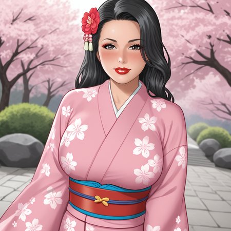 <lora:BlueBulleteer_pony_v1:.8> BlueBulleteer, 1girl, large breasts, lipstick,  makeup, black hair, long hair, red lips, cowboy shot,, japanese clothes, kimono, hair ornament, blush, hair flower, pink kimono, sash, obi, floral print, wide sleeves