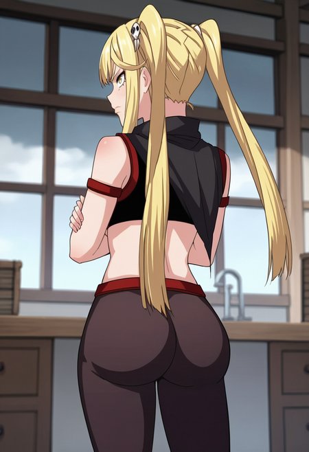 source_anime,anime screencap, anime coloring,intricate details,rating_explicit, masterpiece, best quality,
(best quality, absurd res, ultra detailed),,(4 finger:0.5),1girl, ((solo)), good eyes,perfect eyes,,detailed eyes, zPDXLxxx , zPDXL3, OverallDetail,detailed, detailed face
BREAK
solo,indoors,standing,from behind,
yue3r,
blonde hair, long hair, twintails, bangs, yellow eyes, side locks, hair ornament, navel, cape, crop top, leggings, brown leggings, skin tight, big ass, angry, crossed arms
, <lora:add-detail-xl:5>  <lora:yueer:0.8>