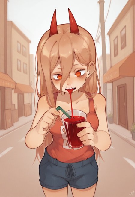 04N1M3R3style, masterpiece, best quality, solo,                                                                                   power \(chainsaw man\),  red horns, drinking blood smoothie, straw, street, warm colors, sunny,