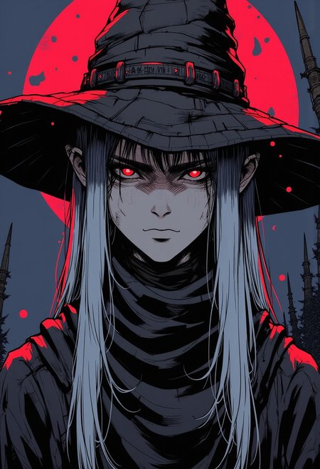 rough sketch style, intense portrait of a dark blue elf woman with a cold, calculated, and extremely calm expression, wearing a large, tattered witch hat and a black scarf wrapped tightly around her neck. Her skin is a deep midnight blue, with sharp, angular features that convey an unyielding, composed presence. Her glowing electric blue eyes are serene, yet piercing, displaying a controlled intensity as if every move is carefully planned. The oversized witch hat sits with a slight tilt, adorned with faint silver runes that have aged over time. Her long, white hair flows from beneath the hat, smooth and perfectly arranged, emphasizing her composed demeanor. The black scarf wraps snugly around her neck, its texture rough but elegantly draped, with the ends hanging loosely down her chest. Her lips are set in a neutral, almost emotionless line, with no signs of aggression or tension. The rough sketch lines are sharp and precise, with minimal shading to highlight her immaculate calmness and the cold precision of her expression. The background features a glowing red moon in a pitch-black sky, casting an eerie, ominous glow around her figure. The contrast between the dark sky and the blood-red moon adds an unsettling, otherworldly atmosphere, perfectly complementing the elf's poised yet threatening presence.
S1n0z1ck style