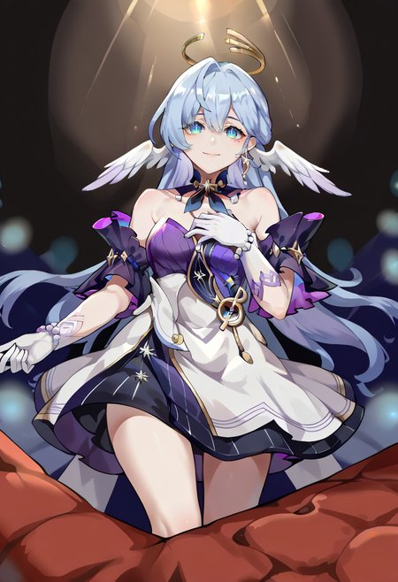 score_9, score_7_up, source_anime, BREAK solo,  <lora:Char-HonkaiSR-Robin-Pony-V1:0.9> robin \(honkai: star rail\), head wings, halo, earrings, detached collar, sleeveless dress, detached sleeves, white gloves, blue pumps, light smile, (hand on own chest:1.2), outstretched arm, stage, spotlight,  <lora:kumiko_aleron_style:0.8> kumiko_aleron_style,