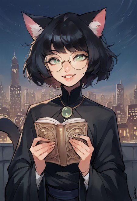score_9, score_8_up, score_7_up, score_6_up, (high quality, masterpiece),
(2d, traditional media, sketch, watercolor),
1girl, solo, catgirl, animal ears, cat ears, black hair, bob cut, bangs, messy hair, cat tail, green eyes, small round rimless glasses, small breasts, looking at viewer, smile, parted lips, black robes, mage, holding book, upper body, 
night, skyscraper, lamppost, scenery,