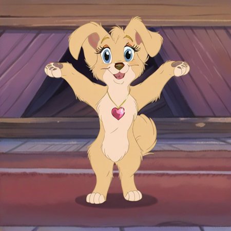 angellat, dog, light yellow fur, body fur, blue eyes, female, (((solo))), ((full body))), BREAK, (((bipedal))), (((right ear not folded))),  (((semi-anthro))), score_9, score_8, (((standing on two legs))), (((front view))), score_7, fluffy, BREAK, (((outstretched_arms, spread_arms))), (((arms held out 90 degrees from body))), ((arms in front of hair)), BREAK arms parallel to ground, (((legs wide apart))), standing upright, head up straight, (((necklace with pink heart pendant))), BREAK looking directly at viewer, ((((((body directly facing viewer)))))), slightly mischievous, (large expressive eyes),(((looking at viewer))), (((flirty))), (((eyelashes))), solo, (((happy))), (((sweet))), (((smiling))), (((loving))), (((open mouth))), (((full body view))), (((open eyes))), detailed fur, detailed face, (((dog paws facing upward))), BREAK, 2D, (((high detail)))
