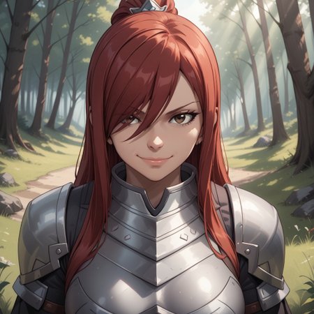 score_9, score_8, BREAK, solo, Erza_Scarlet_(Fairy_Tail), long hair, red hair, hair between eyes, brown eyes, large breasts, armor, hair over one eye, tattoo, shoulder armor, skirt, breastplate, gauntlets, blue skirt, self portrait, smile, looking at viewer, outdoors, sunlight, shadows, evening lighting, natural lighting, forest, trees, grass, orange sky, sunset