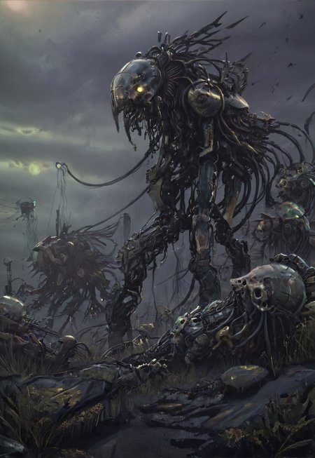 (((warhammer necron))), by Peter gric, H.R Giger, Chris Cold, by Florent Desailly, muscular with exoskeleton lots of thick cables, cables everywhere, (((the electric state book by Simon Stalenhag))), (warhammer necron), by Peter gric, H.R Giger, Chris Cold, by Florent Desailly, robotic skeletal warriors, necrons, ndead, alien race, Warhammer 40,000