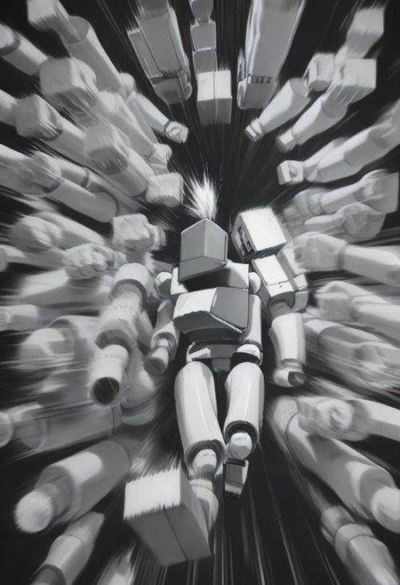 Score_9, score_8_up, score_7_up, BoxPerson, monochrome, greyscale, no humans, robot, mecha, humanoid robot, rushpunch,punching,multiple hands,fists,clenched fists,(motion_blur:1.2),(motion line:1.1),speed_lines