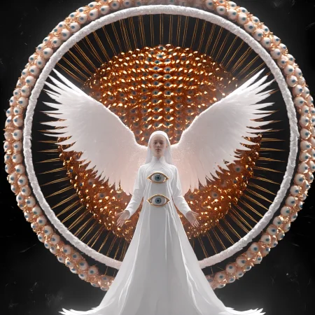leogirl, seraphins, mystical creature with hundreds of eyes and wings, with the shape of a giant ring, circular hoops around body, massive size, angelical lights <lora:Seraphins1.0-000038:0.8>