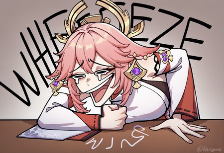 masterpiece, best quality, newest, absurdres, highres, 1girl, wheeze, upper body, laughing, tears, clenched hand, crying, english text, hand on table, open mouth, <lora:WheezeMeme_illusXLNoobAI_Incrs_v1-000013:1>, yae miko,