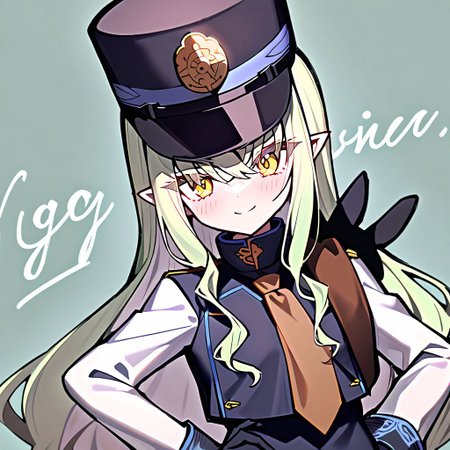 1girl, Melusine \(fate grand order\), fate grand order, solo, long hair, hat, white hair, pointy ears, yellow eyes, peaked cap, jacket, black gloves, hand on own hip, closed mouth, hair over one eye, looking at viewer, brown necktie, large breasts, eyes visible through hair, smile, long sleeves, ponytail, gloves, upper body, light green hair, character name, necktie, breasts, english text, blush, black headwear, white jacket, 
masterpiece,best quality,  newest, absurdres, safe <lora:ag31_twin_fp8-000036:1>