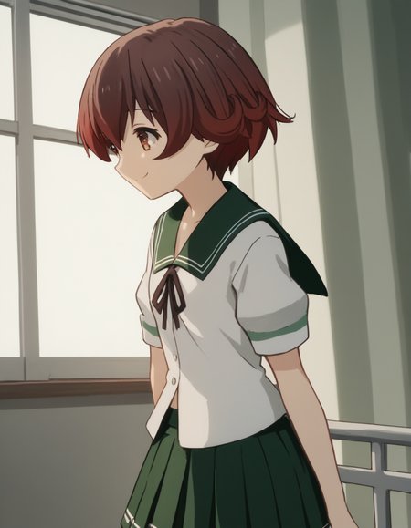 score_9, score_8_up, score_7_up, source_anime, <lora:kacolle-mutsuki-s1-ponyxl-lora-nochekaiser:1>, mutsuki, short hair, brown hair, brown eyes, red hair, multicolored hair, gradient hair, mutsuki (kancolle), skirt, school uniform, pantyhose, pleated skirt, serafuku, sailor collar, neckerchief, black pantyhose, green skirt, green sailor collar,, hospital room, bedside, get well flowers, comforting, quiet, smile, , smile, from side, solo,, cowboy shot, dutch angle