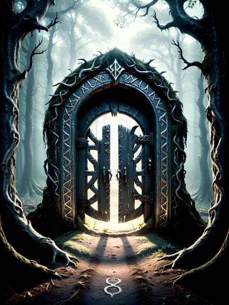 cinematic film still horror-themed, in a dark and gloomy forest stands a magical doorway with brightly glowing silver runes, a gateway to a mysterious world beyond.
 <lora:xl_more_art-full_v1:0.8>, eerie, unsettling, dark, spooky, suspenseful, grim, highly detailed, shallow depth of field, vignette, highly detailed, high budget Hollywood film, bokeh, cinemascope, moody, epic, gorgeous, film grain <lora:Dark Fantasy:1.2> Dark Fantasy
