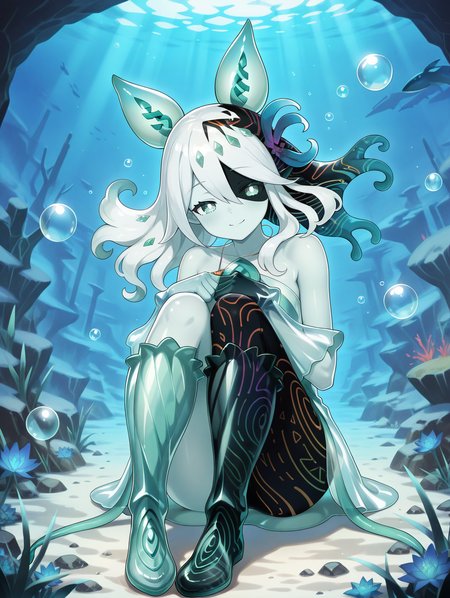 monster girl,icejade acti,1girl,solo,looking at viewer,full body,closed mouth,hair flower,bright pupils,see-through body,see-through gloves,see-through dress,bubble pipe necklace,see-through knee boots,heterochromia,floating,closed eyes,smile,knee to chest,underwater,
masterpiece,best quality,amazing quality,very aesthetic,absurdres,newest,<lora:Icejade Acti illuXL v1.2:0.83>,