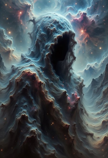 Ultra-realistic, close-up of a cloaked figure standing in a desolate, arid landscape under a stormy sky. The figure’s face is a void, but within the darkness, a swirling, chaotic nebula of electric blue and sinister crimson clouds twist together, resembling a cosmic storm. The edges of the nebula emit faint, ghostly tendrils, almost as if reaching outwards, giving an impression of something alive and malevolent within. The cloak, tattered and weathered, clings to the figure with a disturbing stillness, showing flecks of dirt and signs of decay. The overall atmosphere is ominous and oppressive, with dark, muted tones dominating the landscape. Dusty winds whip across the barren ground, and in the distance, jagged mountains loom under thick, heavy clouds. The figure’s presence feels otherworldly and foreboding, as if it’s an entity bound to a dark, ancient purpose, evoking a sense of unease and dread.