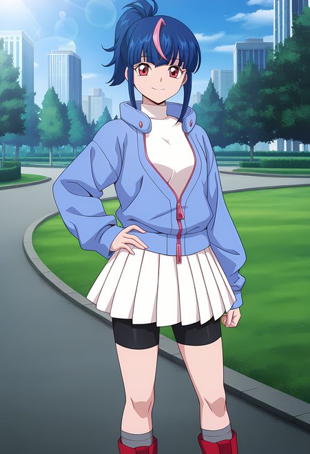 masterpiece,best quality,amazing quality,

1girl, solo,

Hikari Myodo (Cardfight Vanguard), ponytail, multicolored hair, blue hair, streaked hair, pink hair, red eyes,

white shirt, blue jacket, zipper pull tab, turtleneck, long sleeves,  bike shorts under skirt, white skirt, black shorts, pleated skirt, grey socks, red footwear, boots,

Smile, looking at viewer, 

cinematic, hand on hips, upper body, 

Outdoors, park, green grass, sci-fi city, blue (sky), 

Lens flare, bloom,

Official style, anime screencap, anime coloring,
















