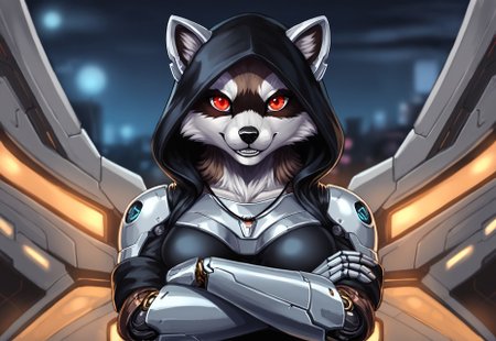solo,anthro,furry female,(black hood:1.2),(crossed arms:1.2),red eyes,glowing,necklace,(looking at viewer:1.2),hood up,blurry,blue eyes,animal ears,(by null-ghost, raccoon,masterpiece,high quality),smile,portrait,front view,close-up,center,night, iomechanical, mecha,realistic,(metal surface),cyborg,