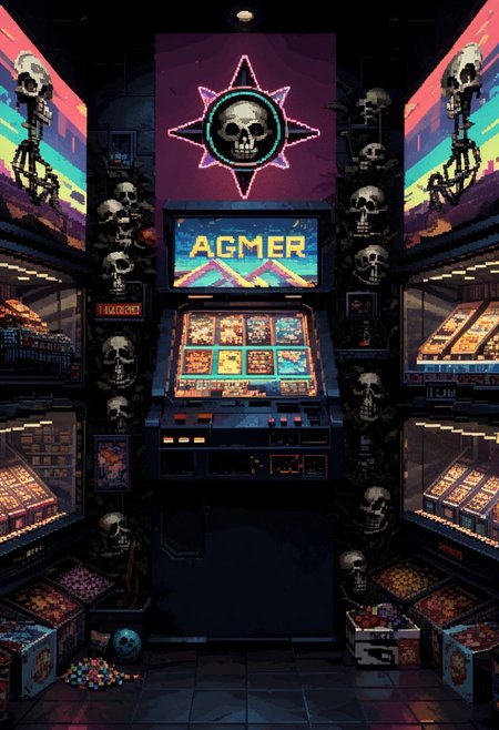score_9, score_8_up, score_7_up, yamer_pixel_fusion, pixel art, skeleton in a cowboy hat, storefront, mall, 1989s, retrowave, hyper-detailed, neon, arcade, lofi, d3p1x3l, pixel art
