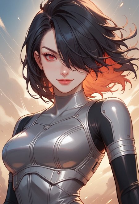score_9, score_8_up, score_7_up, 
source_cartoon, 2d, 
<lora:DetailedEyes_last:1>, red eyes, dominant smile, action, dynamic, 
high quality, dynamic, solo, black hair, straight hair, hair over one eye, bodysuit, neon trim, arm gloves, latex bodysuit, TRON suit, silver body suit, medium breasts, (close up:1.4), covered breast, chestplate armour, tactical vest,