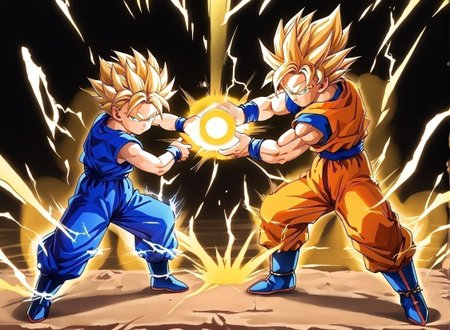 score_9,score_8_up,score_7_up,masterpiece, best quality, <lora:WHM 0.2v:0.5>, WHM, 2D,anime,  
(2boys:1.2),side by side,standing in different side,   cooperative kamehameha charge stance, looking at viewer, age difference, kamehameha charge stance,
charge stance,energy ball, aura, electricity, motion lines, speed lines, relative posture, looking at viewer, hands not touching, full body,  size difference, age difference, 
<lora:kamehameha charge stance:0.5> 
( In a dark apocalyptic place:1.0),round iris,
BREAK
(2boys:1.2),side by side,standing in different side,cooperative kamehameha charge stance, kamehameha charge stance,
charge stance, energy ball, aura, electricity,motion lines, speed lines, relative posture, looking at viewer,full body, 
son_gohan, child,(ssj2:1.0), blue dojo ,  blonde hair, aged down,Short man,
<lora:Son_Gohan_Teen_pony_Sayan_1_and_2:0.5>
BREAK
(2boys:1.2),side by side,standing in different side, cooperative kamehameha charge stance, kamehameha charge stance,
charge stance,  energy ball, aura, electricity,motion lines, speed lines, relative posture, looking at viewer,,full body, 
(goku,sayan1), (super expresive), mature male,  orange dojo,
<lora:Goku_Pony_XL:0.5>