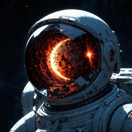 Close-up view of an astronaut's helmet visor.  Reflective visor shows Earth with a massive asteroid impact,  intense debris field, and fiery explosion.  Dramatic, realistic depiction of cosmic destruction.  Detailed representation of Earth's surface features, visible continents, and oceans reflected in the visor.  Visor's surface is smooth, clear, and reflecting light.  Astronaut's suit is a light gray,  and the overall color palette is dark blue, gray, and white. Realistic depiction of space environment with dark, deep-space backdrop.  Scientific accuracy emphasized in the depiction of the impact and its aftermath.   Visual focus is on the intensity of the cosmic event, and the astronaut's perspective.  Photorealistic, high-detail style.  Wide-angle view through the helmet visor.