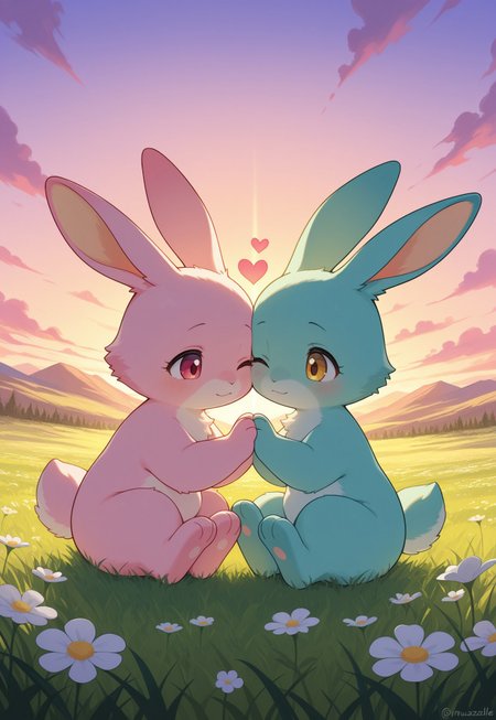 masterpiece, best quality, amazing quality, vibrant colors, soft focus, A heartwarming scene of affection between two fluffy  rabbits sitting together under a soft sunset light in a grassy meadow, one blue rabbit lovingly nuzzles the other pink rabbit, who leans in with a peaceful expression, their eyes meet with warmth, showing mutual care and tenderness, the soft colors of the sunset and the lush green grass create a serene atmosphere, while delicate flowers bloom around them, enhancing the sense of peaceful connection, in love, hearts, hugging each other