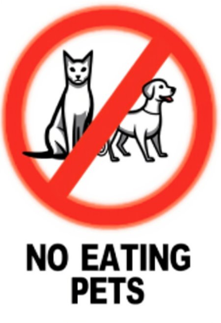 This is a digital graphic image featuring a vector symbol of  a cat and a dog. Overlaying the photo is a bold, red circle with a slash in the middle, symbolizing prohibition or warning. The text below reads "NO EATING PETS"