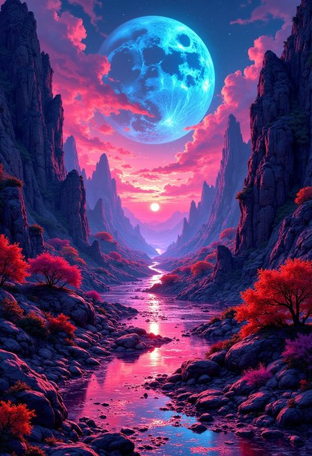 best quality, masterpiece, masterpiece, neon splash art of an alien landscape, vibrant surreal colours, mythp0rt