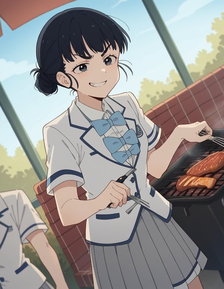 score_9, score_8_up, score_7_up, source_anime, <lora:tiara-basori-s1-ponyxl-lora-nochekaiser:1>, tiara basori, bangs, black hair, hair bun, black eyes, single hair bun,, skirt, shirt, bow, school uniform, white shirt, short sleeves, grey skirt, pleated skirt, bowtie, blue bowtie, blue bow, blazer,, backyard, barbecue, grilling, laughter, summer evening, smile, , smug, solo,, cowboy shot, dutch angle