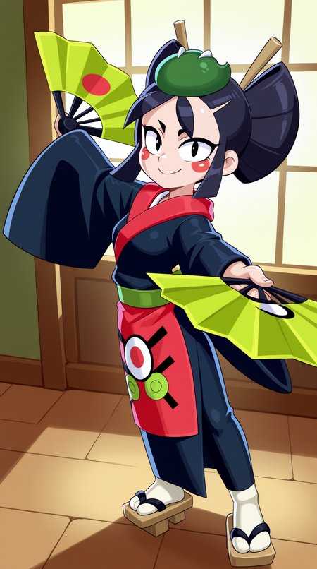 masterpiece, best quality, amazing quality, aesthetic,  absurdres, best quality, 4k, upscale, indoors, (dynamic pose, foreshortening), kaze, solo, 1girl, black hair, japanese clothes, black eyes, smile, geta, dual wielding, hand fan, kimono, sandals, standing, apron, looking at viewer  <lora:Kaze_IL:0.8>