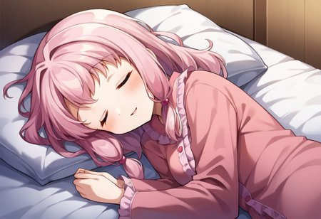 score_9, score_8, score_7, source_anime, tamaki ui, 1girl, solo, sleeping, blush, smile, parted lips, lying, frills, pillow, on bed, on side, pajamas, blanket, dot nose, under covers, heart print, anime coloring, messy hair