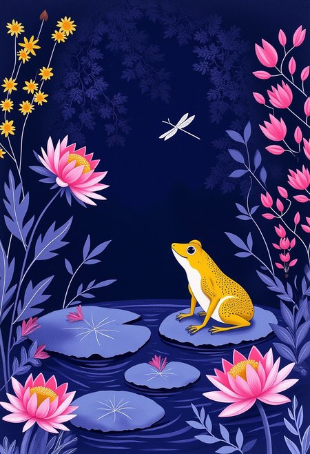 style of Rob Ryan, illustration, a frog sits on a water lily in the pond, a dragonfly flies by, flowers and reeds, (purple, dark blue, dark yellow)