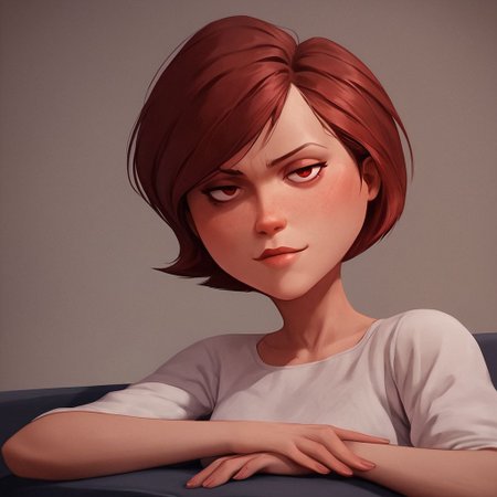 score_9, score_8_up, score_7_up, score_6_up, score_5_up, score_4_up, rating_questionable, 1girl, Hel_en, on a couch, seductive look, short hair, dark red hair, big hips, 1970 aesthetic, blouse