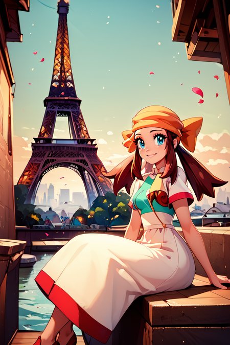 score_9, score_8_up, score_8, medium breasts, (curvy), cute, eyelashes,       BREAK, , zzMelody, twintails, dress, bandana, white short sleeves,  <lora:Melody_Pokemon_PDXL:1.0>,  , BREAK,  zzEiffelTower in background, sitting, watercraft, boat, sitting on wall, side view, looking at viewer, smile,  BREAK, blooming stars, luminescent petals, otherworldly fragrance blurry background, embedding:zPDXL, Expressiveh, <lora:EiffelTowerPDXL:1.0>,  <lora:CatalystStylePDXL:0.6>,  <lora:SDXLFaeTastic2400:0.5>,  <lora:Expressive_H-000001:0.4>,