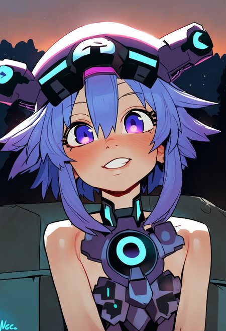 score_9_up, source_ anime, opossumachine_style,ratatatat74_style,incase_style,nepgear, neptune_(series), 1girl, purple_eyespurple_hair, outdoors, night, portrait,
