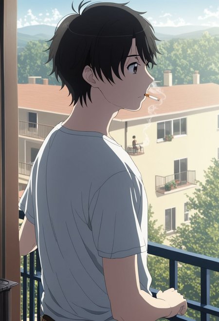 high resolution, solo, best quality, 1Boy, Inaho Kaizuka, Black Hair, Brown Eyes, home balcony, morning, cigarette, coffee, t-shirt, shorts, looking away, OverallDetail