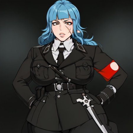 score_9, score_8_up, score_8, anime style, source_anime, BREAK, Kunaboto, 2d, anime, scar on the face, burn on the face, sexy face, makeup, eyeshadow, gyaru girl, bimbo girl, bimbo lips,thighs lips,  blue hair,long hair, right eye is orange,  left eye is blue ) 1girl,solo busty female, venus body, upper body, wide hips, thick thighs, big hips, huge breasts, huge ass, voluptuous, 
slutty, curvy, bottom heavy, erected nipples, covered nipples, little muscular, small waist, big ass, big thighs, busty, curvaceous, curvy figure, hourglass figure, huge ass, large ass, thick hips, thick legs, top heavy, voluptuous female, areola slip, plump,  top heavy, areola, large areola, big butt, big nipples, breasts bigger than head, female only, huge areola, muscular thighs, nipple bulge, nipple outline, nipples visible through clothing, textless, thighs bigger than head, thighs bigger than torso, chubby female, curvy ass, puffy nipples, narrow waist, breasts bigger than torso, plump thighs, hands on hips, rating_safe, xssuniformx, military uniform, black jacket, long sleeves, necktie, shoulder strap, belt, black skirt , gloves, garrison cap, armband, knee boots, background battlefield
