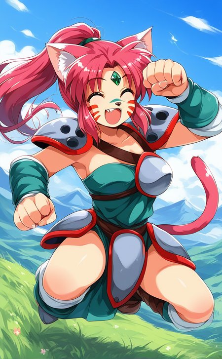 score_9, score_8_up, score_7_up, source_anime, rating_explicit, BREAK  <lora:Ryuquir_XL:1> Ryuquir, animal ears, tail, cat ears, facial mark, cat tail, closed eyes, ponytail, red hair, long hair, pink hair, cat girl, breasts, forehead jewel, green jewel,
mountain, sky, smile, open mouth,ãnose tape,ãpaw pose,
 shoulder armor, solo, weapon, armor,  furry,  grass, dagger, boots, looking at viewer, outdoors, fingernails,  shoulder pads,
