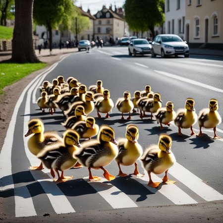 flock of ducks, flock of ducklings, walking, zebra crossing