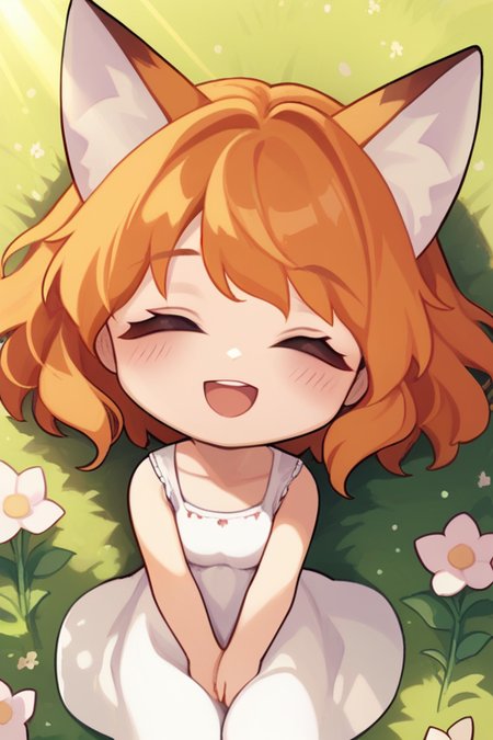 score_9, score_8, 1girl, orange hair, medium hair, fox ears, closed eyes, open mouth, smile, white dress, sundress, from above, wariza, close-up, straight-on, face, hand between legs, grass, flowers, garden, looking at viewer, light particles, sunbeam, sunlight, perfect lighting, highly detailed, blush, <lora:GTChibiXL1024V1-07:0.7>, chibi
