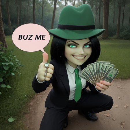 gangstersb, thumbs up, one eye closed, grin, smile, money, holding money, portrait, cropped torso, ring, formal, hat, green headwear, necktie, suit, striped, looking at viewer, forest, grass, tree, path, river, night, no humans,  
Shego kim possible, green skin, detailed hands, full body, squat spread legs, speech bubble, english text,( talkingI "BUZZ ME":1.2),