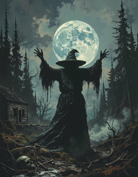 a graphic illustration of a shadowy forest under a full moon, thick fog swirling around a decrepit cabin. A hunched witch in tattered rags stands menacingly, arms raised as she summons her demons. Her sunken eyes are dark, her long black hair flows, and her crooked nose is adorned with warts. She is wearing a witch hat. Twisted roots and bleached bones litter the ground. Dark shadows twist and writhe around her as she chants, creating a chilling atmosphere of pure horror.<lora:Witchcore:0.8> w1tchc0re <lora:Glitchcore_Flux:0.8> gl1tchc0re
